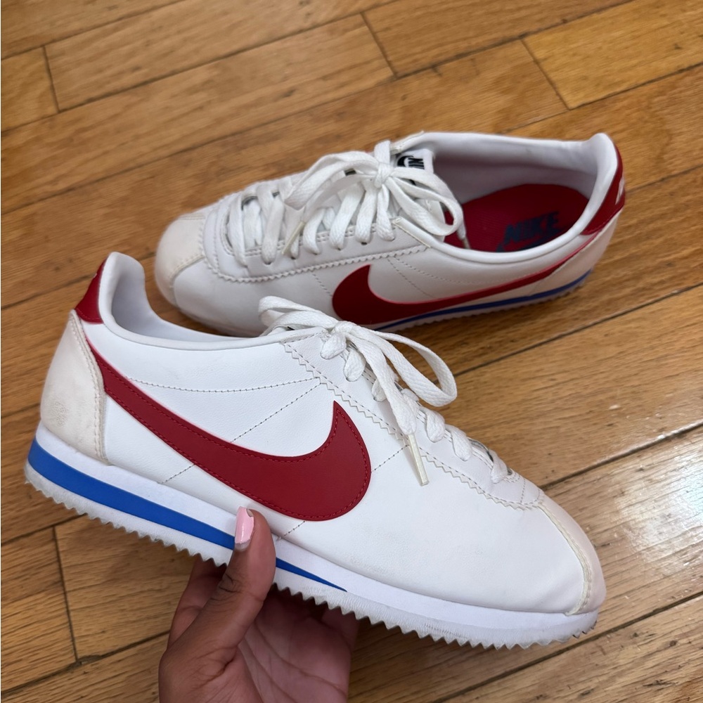 Nike Cortez White and Red Sneakers with Blue Accents